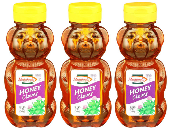 Manischewitz Pure Clover 12oz Honey Bears (3 Pack) Mess Squeeze Bottle, Gluten