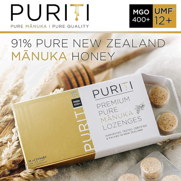 PURITI Manuka Honey Lozenges UMF 12+ (16 Pack) Manuka Honey UMF 10+ Premium Sugar Throat Soothers for Coughs & So