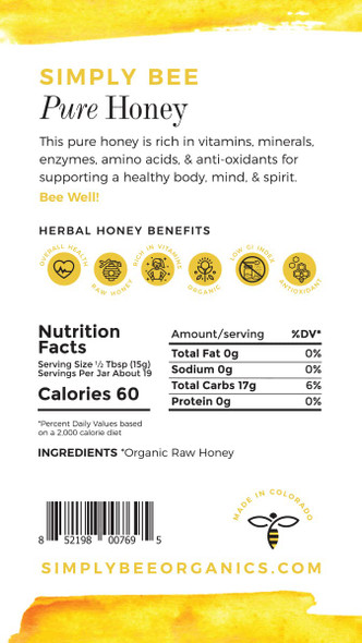 Simply ORGANIC RAW Honey 5oz 100% Delicious 0% Additives Gourmet Low GI Supports Wellbeeing Non-GMO Kid