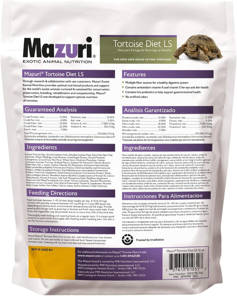 Mazuri Tortoise Ls Diet For African Spurred/Sulcata, Desert, Egyptian, Galapagos, Gopher, Greek, Leopard, Pancake, Radiated Or Yellow-Footed Tortoise, 12 Ounce (12 Oz) Bag