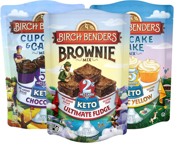 Birch Benders Keto Chocolate Cake, Keto Classic Yellow Cake, And Keto Ultimate Fudge Brownie Mix Variety (Pack Of 3)