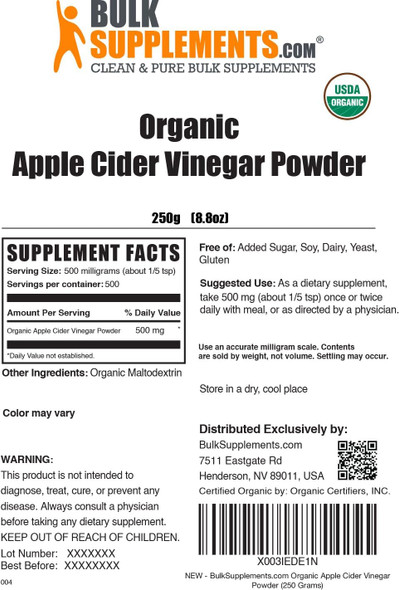 Bulksupplements.Com Organic Apple Cider Vinegar Powder - Apple Cider Vinegar Supplement, Acv For Digestive Support, Apple Cider Vinegar Organic - Vegan-Friendly, 500Mg Per Serving, 250G