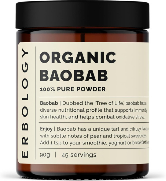 Erbology Organic Baobab Powder 90G - 45 Servings - Skin Health And Immunity Support - Rich In Vitamin C, B Vitamins And Polyphenols - Sustainably Sourced Straight From Farm - Vegan - Gmo-