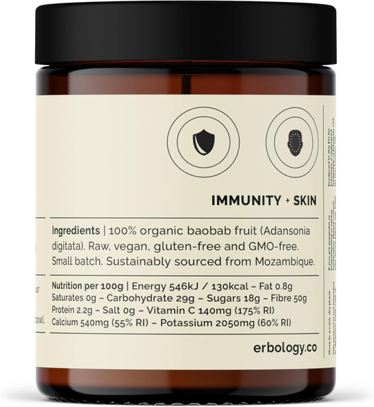 Erbology Organic Baobab Powder 90G - 45 Servings - Skin Health And Immunity Support - Rich In Vitamin C, B Vitamins And Polyphenols - Sustainably Sourced Straight From Farm - Vegan - Gmo-