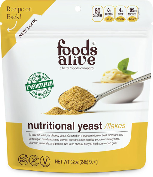 Foods Alive Non-Fortified Premium Nutritional Yeast Flakes 2 Lbs Unfortified Vegan Cheese Powder Seasoning