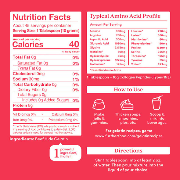 Further Food Premium Gelatin Powder Grass-Fed, Pasture-Raised, Non-Gmo, Paleo, Keto Unflavored, Excellent Source Of Collagen Pure Beef Gelatin Powder (15.87 Oz.)