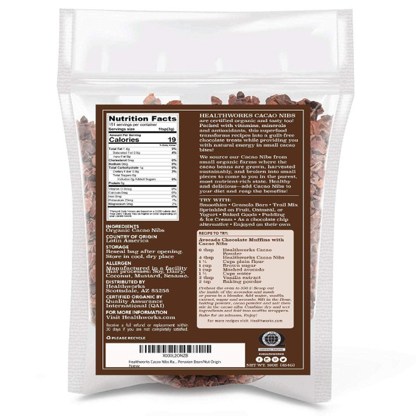 Healthworks Cacao Nibs Raw Organic (16 Ounces / 1 Pound) Criollo Bean Unsweetened Chocolate Substitute Organic Keto, Vegan & Non-Gmo Antioxidant