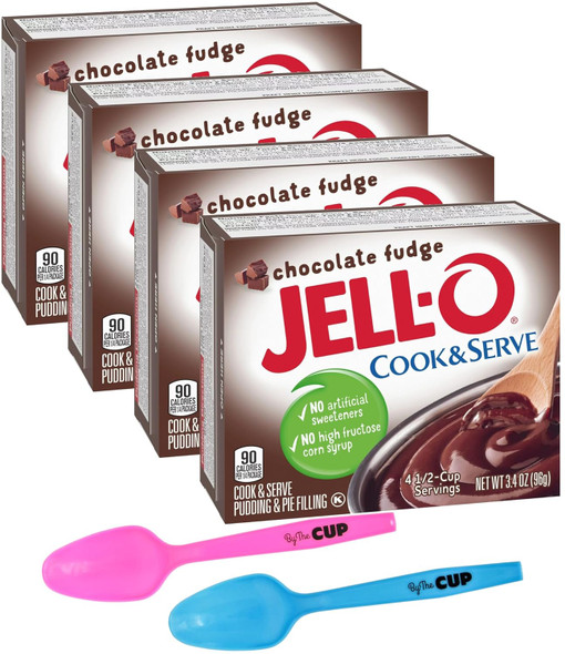 Jell-O Chocolate Fudge Cook & Serve Pudding Mix, 3.4 Oz Box (Pack Of 4) With By The Cup Mood Spoons