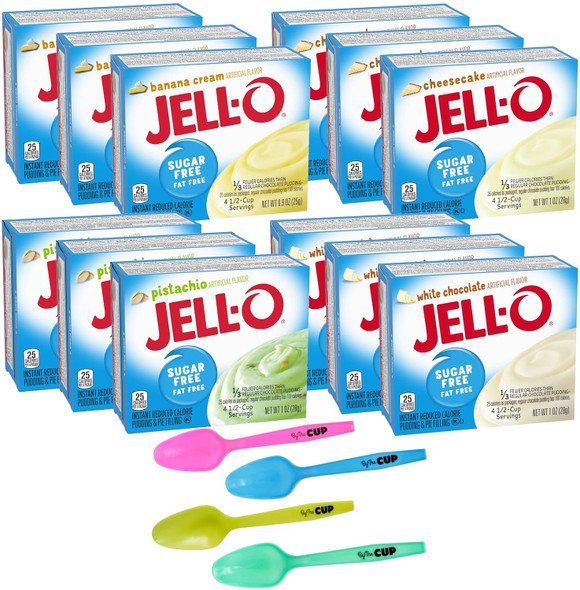 Jell-O Sugar Instant Pudding & Pie Filling Mix, 3 Of Each: Cheesecake, Pistachio, White Chocolate, Banana Cream With By The Cup Mood Spoons