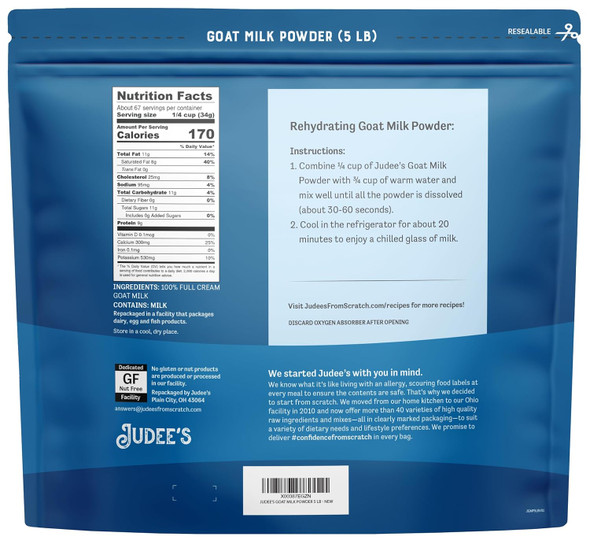 Judee’S Goat Milk Powder 5 Lb - Blends Well In Smoothies And Great For Baking - Convenient For Travel, Hiking, And Camping - Non-Gmo, Gluten- And Nut-