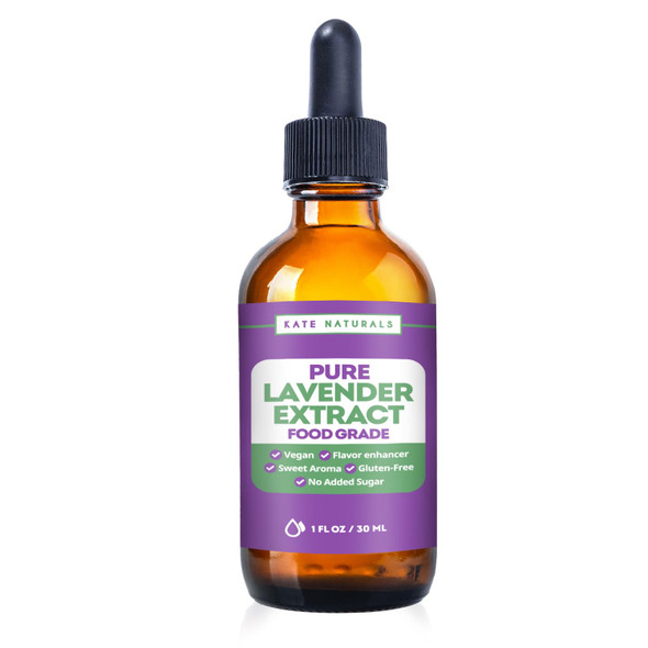 Kate Naturals Lavender Extract For Baking, Coffee & Drinks (1Oz). 100% Natural, Vegan Lavender Flavoring. Tasty Gluten Food-Grade Edible Lavender Oil. Culinary Lavender Extract For Cooking