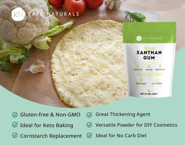 Kate Naturals Xanthan Gum For Baking Keto & Thickening Sauces (8Oz). 100% Natural, Non-Gmo., Xanthan Gum Gluten For Keto Products & Cosmetics. Food Thickener Like Guar Gum Powder