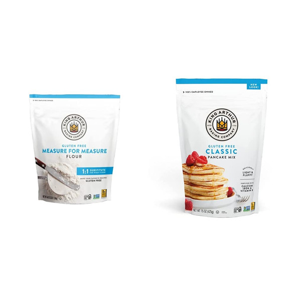 King Arthur Baking Company Ultimate Gluten Baking Bundle, Contains One Of Each: Gluten Measure For Measure Flour 3Lb Bag, Gluten Pancake Mix 15 Oz Bag, Gluten Brownie Mix 17 Oz Box