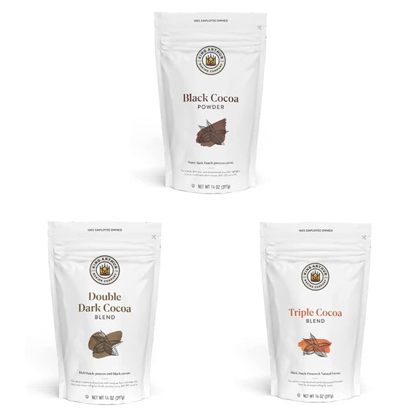 King Arthur Ultimate Baking Cocoa Bundle, Contains One Of Each: Black Cocoa Powder 14 Ounce Bag, Triple Cocoa Powder 14 Ounce Bag, Double Dark Cocoa Powder 14 Ounce Bag, Dutch Process Cocoa Powder