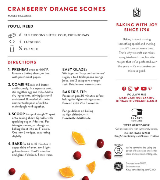 King Arthur, Cranberry Orange Scone Mix, Signature Recipes, Non-Gmo Project Verified, Kosher, 14 Ounces