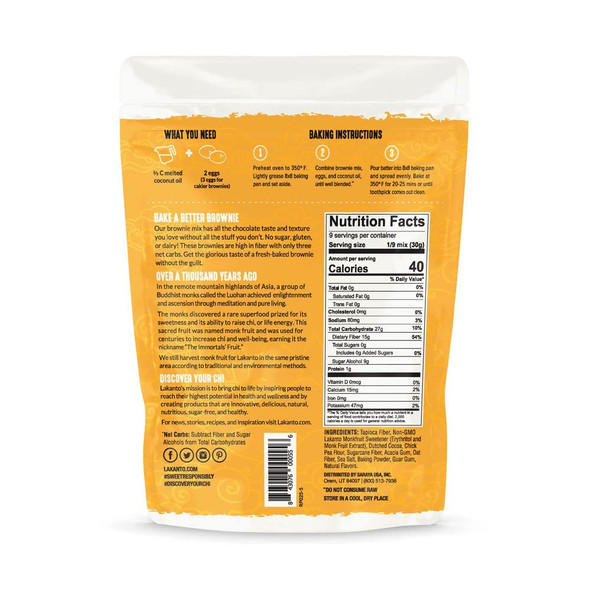 Lakanto Sugar Brownie Mix - Sweetened With Monk Fruit Sweetener, Keto Diet Friendly, Delicious Dutched Cocoa, High In Fiber, 3G Net Carbs, Gluten , Easy To Make Dessert (Pack Of 1)