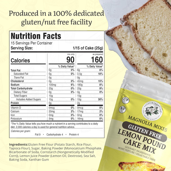 Magnolia Mixes - Lemon Pound Cake Mix - Easy 3-Step Baking With Ingredients: Potato Starch, Rice Flour, Tapioca Flour, And More - 14Oz Each (2-Pack)