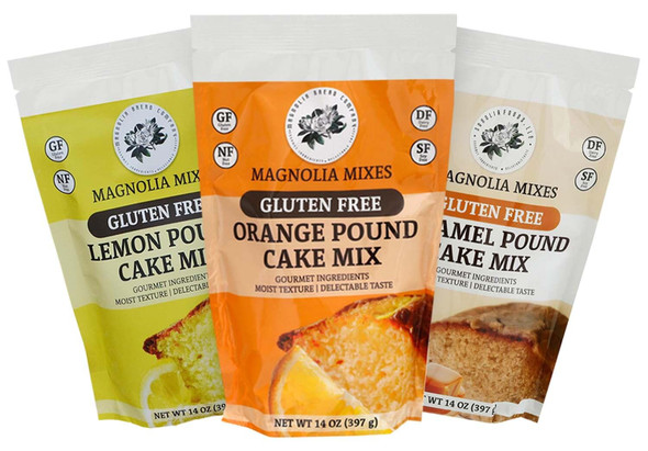 Magnolia Mixes Gluten- Pound Cake Variety Pack - Lemon, Orange, And Caramel Flavors - Easy 3-Step Baking With Premium Ingredients - Moist & Delicious - 14Oz Each (3-Pack)