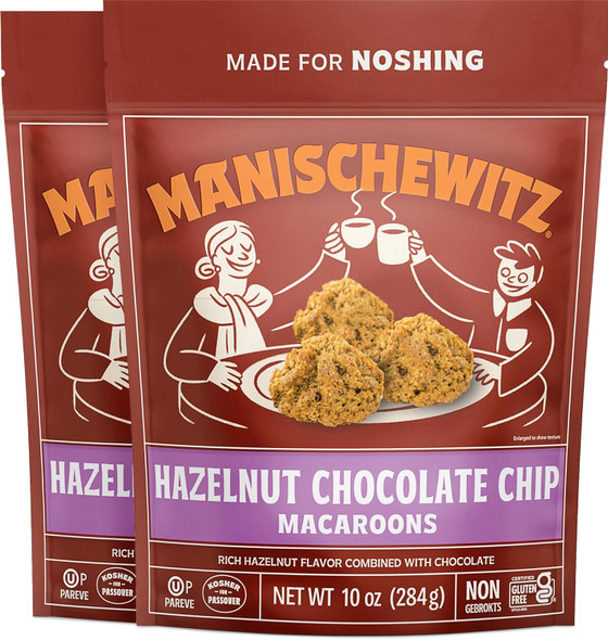 Manishewitz Hazelnut Chocolate Chip Macaroons, 10Oz (2 Pack) Coconut Macaroons Resealable Bag Dairy Gluten Coconut Cookie Kosher For Passover