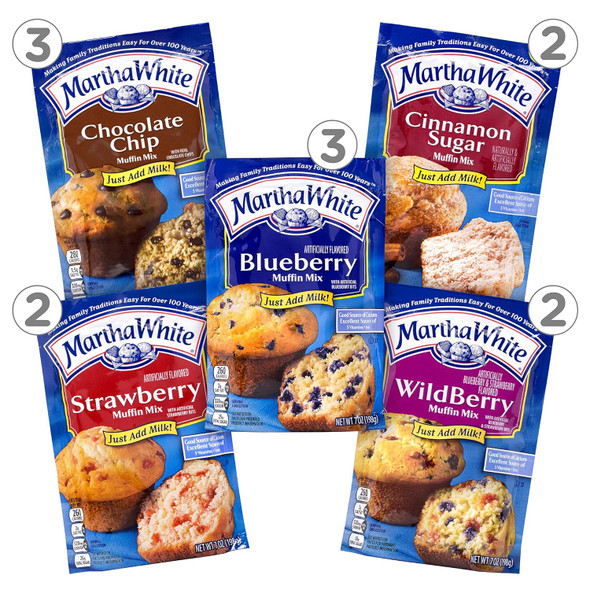 Martha White Muffin Mix Sampler Variety Pack, Pack Of 12, Chocolate Chip, Blueberry, Strawberry, Cinnamon Sugar, Wildberry, Just Add Milk Martha White Muffin Mix Sampler Variety Pack, Pack Of 12, Chocolate Chip, Blueberry, Strawberry, Cinnamon Sugar, Wildberry, Just Add Milk
