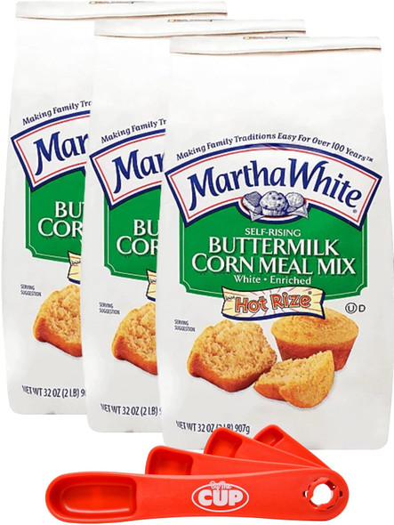 Martha White Self-Rising Buttermilk White Corn Meal Mix, 32 Ounces (Pack Of 3) With By The Cup Swivel Measuring Spoon