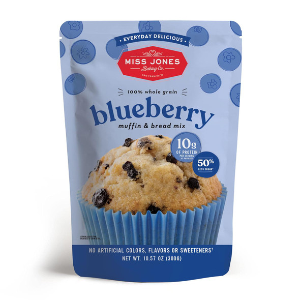 Miss Jones Baking Blueberry Muffin & Bread Mix, Whole Grains, 50% Lower Sugar, Real Blueberries, Naturally Sweetened Desserts & Treats, 10.577 Ounce (Pack Of 1)