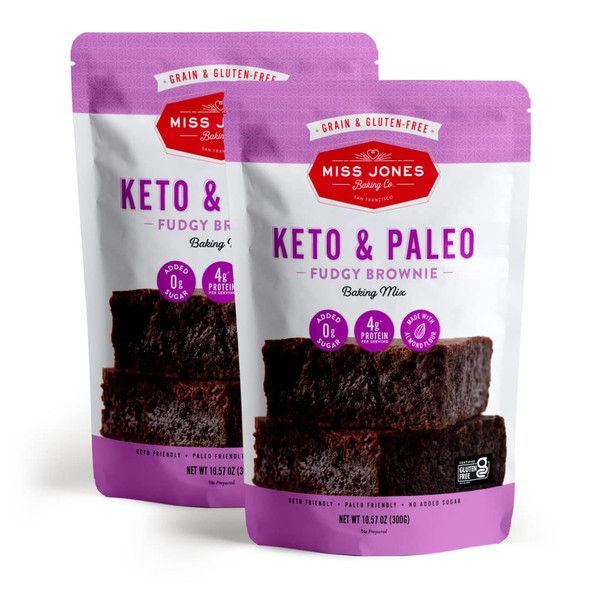 Miss Jones Baking Keto Brownie Mix - Gluten , Low Carb, No Sugar Added, Naturally Sweetened Desserts & Treats - Diabetic, Atkins, Ww, Paleo Friendly, 2 Count