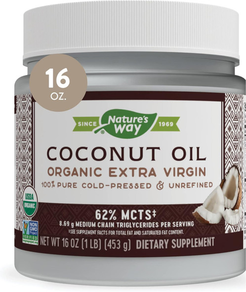 Nature'S Way Organic Extra Virgin Coconut Oil, Pure And Unrefined, 62% Mcts, 1