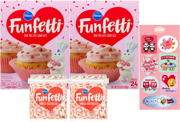 Pillsbury Funfetti Valentine'S Day Bundle, 2 Of Each: Cake Mix, Pink Vanilla Frosting & Valentine Sprinkles With By The Cup Valentine'S Stickers