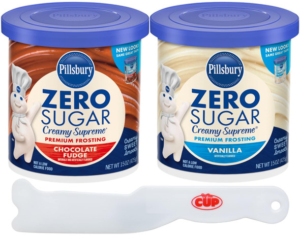 Pillsbury Zero Sugar Frosting Bundle, Chocolate And Vanilla (Pack Of 2) With By The Cup Spatula Knife