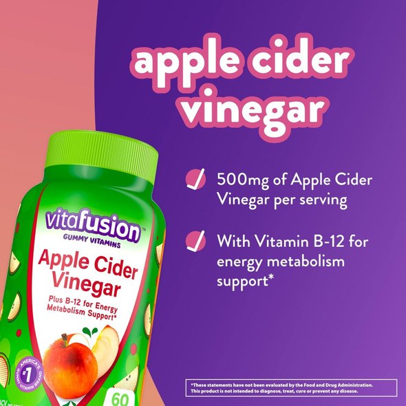 Vitafusion Apple Cider Vinegar Gummies, 500Mg Apple Cider Vinegar Per Serving Plus B Vitamins, 60Ct (30 Day Supply), Natural Apple Cider Avor From America’S Number One Gummy Vitamin Brand