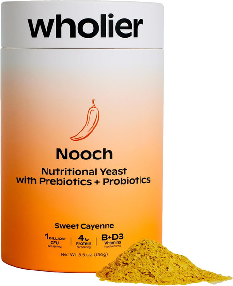 Wholier Nutritional Yeast Flakes With Prebiotics & Probiotics For Gut Health. Methylcobalamin Vitamin B12 & Vitamin D3. Vegan Cheesy Seasoning. (5.3 Oz.) (Sweet Cayenne)