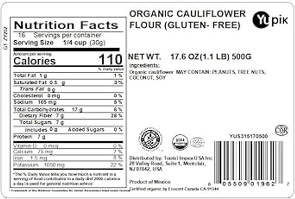 Yupik Organic Cauliflower Flour (Gluten-), 1.1 Lb, Vegan Cauliflower Powder, Low-Carb Flour, Keto-Friendly