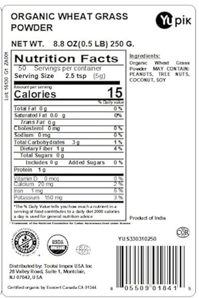 Yupik Organic Wheat Grass Powder, 8.8 Oz, Vegan, Gmo-, Vegetarian, Gluten-
