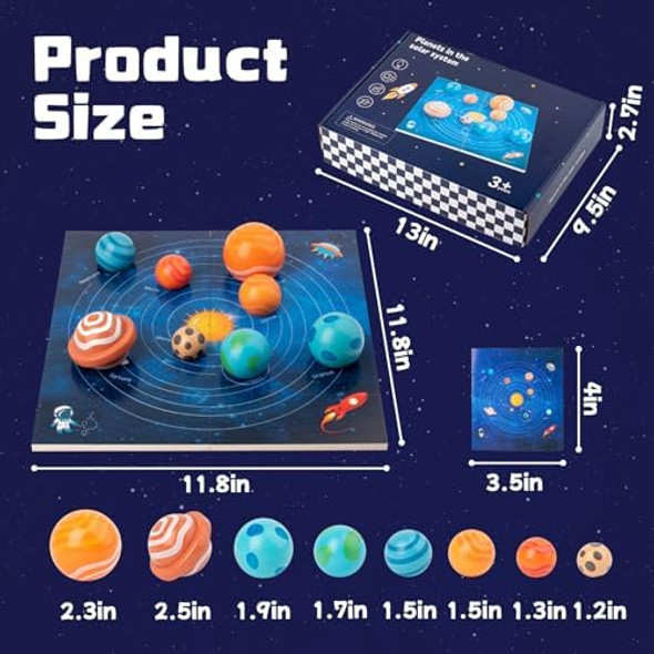 Adena Montessori Wooden Solar System Model Board Puzzle With 3D Planets Models For 3-6 Year Old Kids Preschool Science Toys Stem Toys For Boys & Girls