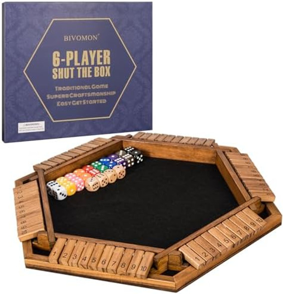 Bivomon 1-6 Players Shut The Box Dice Game Wooden Board Table Math Game For Kids Adult With 24 Dice Close The Box Game For Family Party Christmas Birthday