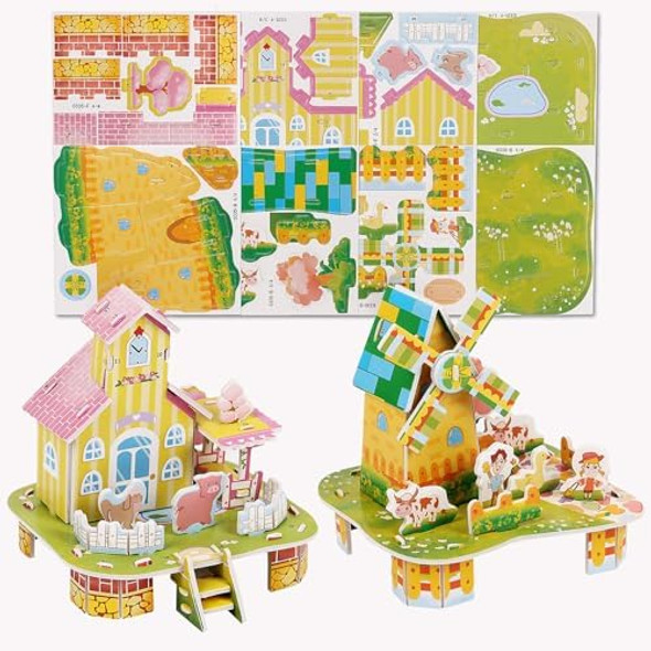 Derayee 3D Puzzles For Kids 2 Pcs Small Paper House Cartoon Educational Jigsaw Diy Farmhouse Building Kit Toys For Boys Girls Birthday Party Art Crafts
