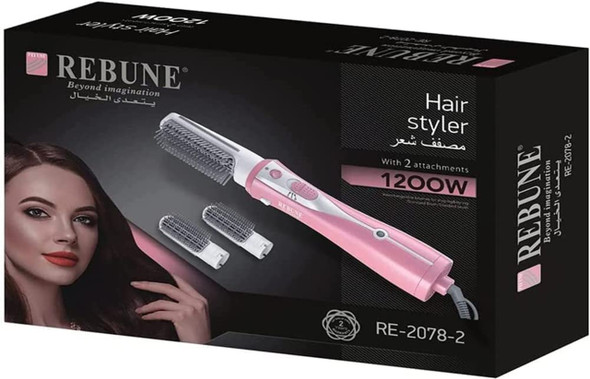 REBUNE 1200W Hair Dryer Brush 3 In 1 Hair Straighteners & Hair Curler Styling Hot Air Styler With 2 Brushes RE-2078 Pink