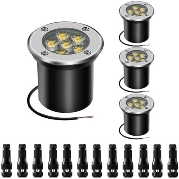 4Pack 6W Low Voltage Landscape Lights With Connectors - 12-24V Led In-Ground Lights Ip67 Waterproof Garden Lighting For Yard Pathway Driveway Deck (Warm White)
