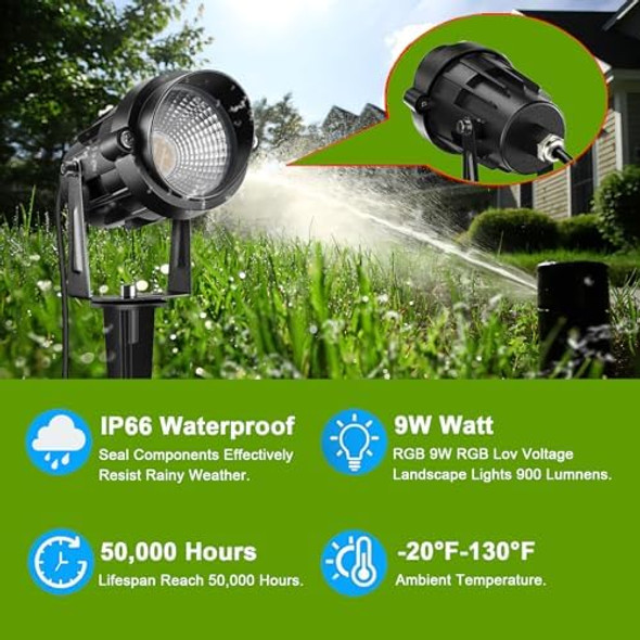9W Low Voltage Landscape Lighting Rgb Color Changing Led Landscape Spotlight Waterproof Spot Lights Garden Patio Spotlight Decorative Lamp For Outdoor 12V Ac Dc (2 Pack)