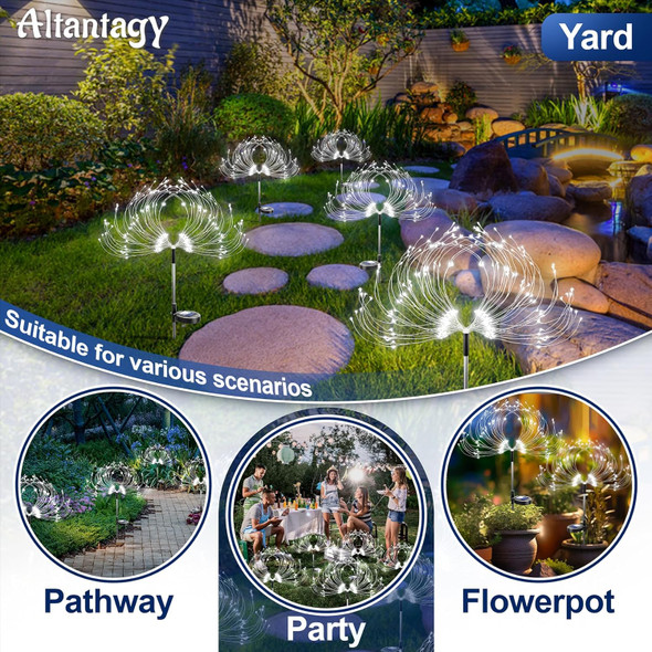 Solar Garden Lights Outdoor: Flexible Copper Wire 120 Led Firework White 2 Pack - Waterproof Diy Decorations For Yard Paht Patio - Gardening s For Women Gardeners Homeowners