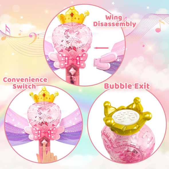 2 Pack Bubble Wands For Kids Girls - Rechargeable Princess Light Up & Music Bubble Machine With 4 Bubble Solutions Outdoor Party Birthday Toys For Toddlers For 3 4 5 6 7 8 Year Old Girls
