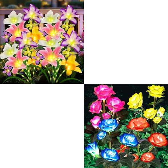 4 Pack Solar Lily Flowers With Butterfly Decor& 4 Pack Solar Rose Flowers