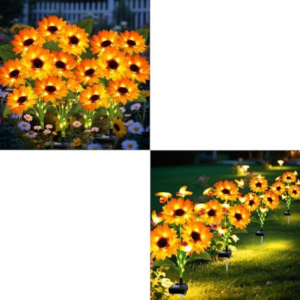 4Pack 6Head Solar Sunflowers& 4 Pack Solar Swaying Bee Lights With Sunflowers