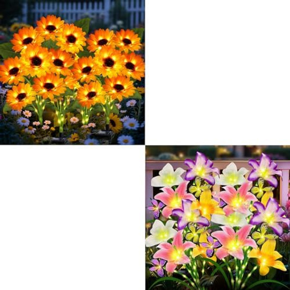 4Pack 6Head Solar Sunflowers& 6Pack Solar Lily Butterfly Flowers