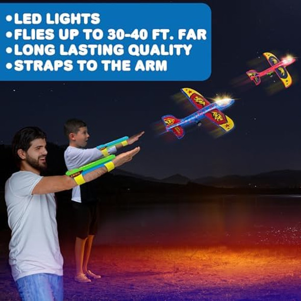 Artcreativity Airplane Launcher Toy For Kids - 2 Glider Planes And 2 Arm Launchers - Foam Airplane Launcher For Kids With Motion Activated Lights And Stickers For Boys Ages 5 6 7