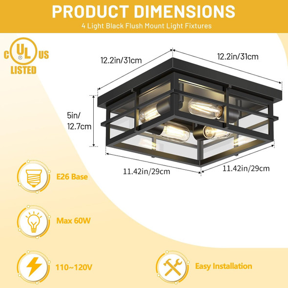 Asnxcju Modern Outdoor Ceiling Light Fixtures 2-Light Black Flush Mount Light Fixtures With Clear Glass Shade Farmhouse Square Ceiling Lighting For Porch Bathroom Kitchen (Bulbs Not Included)