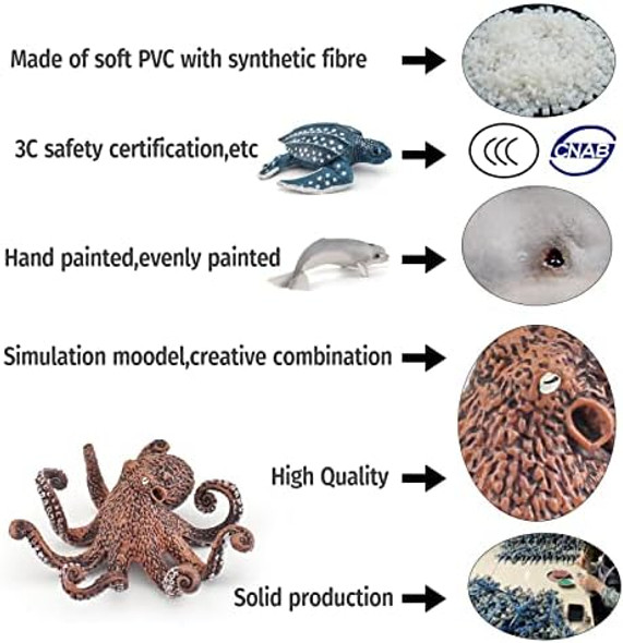 Ocean Sea Marine Animal Figure Toys Playsets 6 Pcs White Whale Octopus Flying Fish Leatherback Turtle Shark Model Toy Desktop Decoration Collection Party Favors Toys For Boys Girls Kids