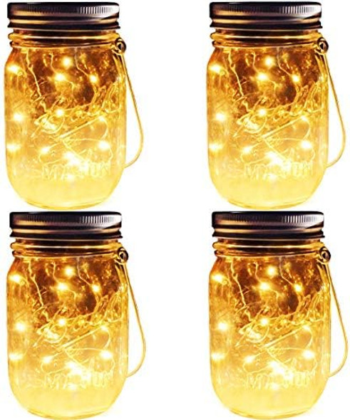 Solar Mason Jar Lights 4 Pack 30 Leds Waterproof Fairy Firefly String Lights Build-In Glass Mason Jar Best Patio Garden Decor Solar Hanging Lanterns Outdoor Warm White (4 Pack-Mason Jars Included)