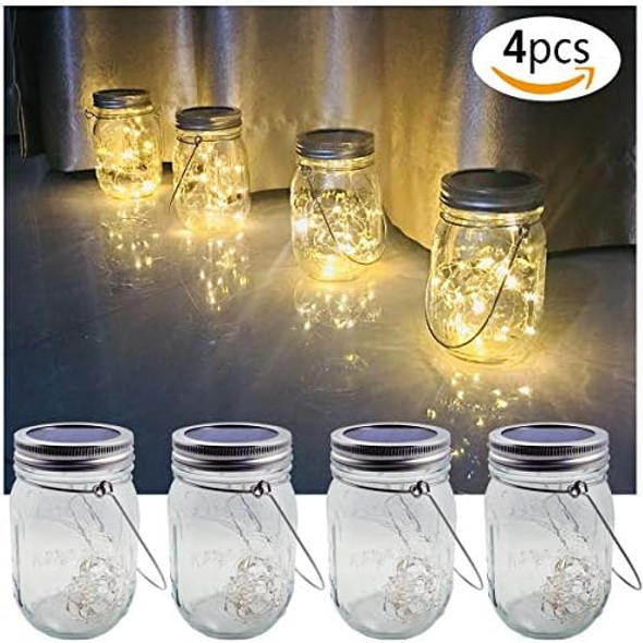 Solar Mason Jar Lights 4 Pack 30 Leds Waterproof Fairy Firefly String Lights Build-In Glass Mason Jar Best Patio Garden Decor Solar Hanging Lanterns Outdoor Warm White (4 Pack-Mason Jars Included)